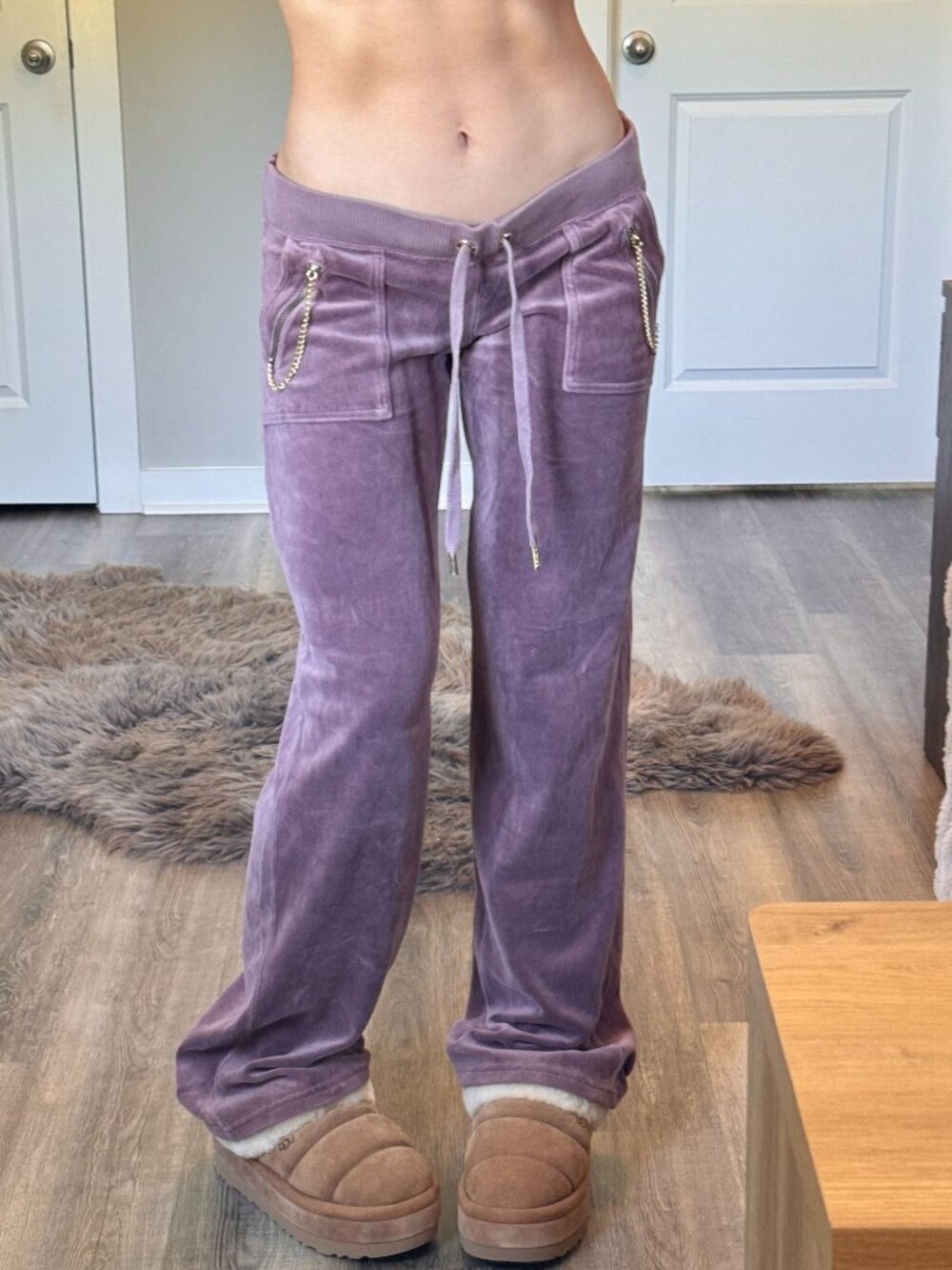 Y2K 2000s Juicy Couture Pink Low Rise Velour Pants Womens S Chain Zipper Preppy